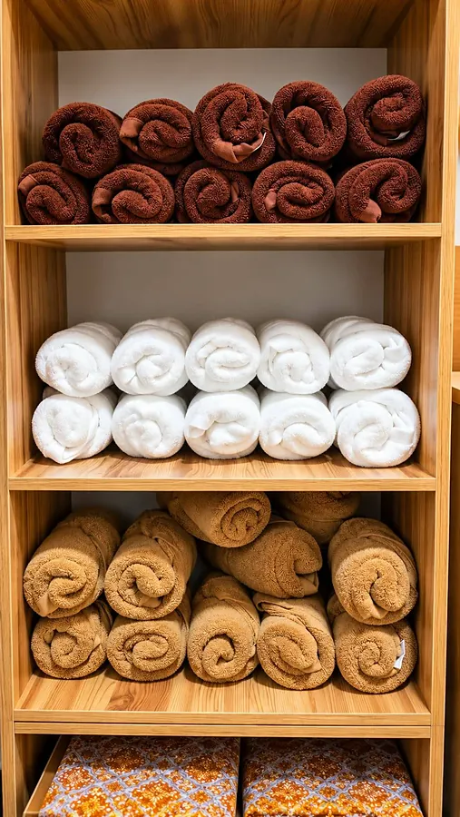 Shelves of fresh rolled towels