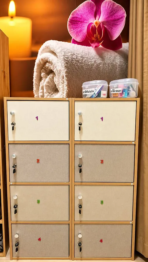 Guest lockers with a candle, orchid and fresh towels